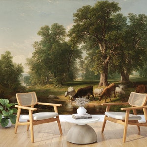 Vintage Landscape Wallpaper Peel and Stick,Rural Scene Mural with Trees&Cows,Natural Victorian Living Room Wallpaper,Pastoral River Wall Art