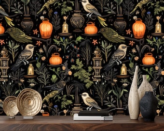 Carta da parati gotica scura con uccelli, murale botanico notturno staccabile e attaccabile, decorazione murale mistica, carta da parati con sfondo nero misterioso, murale mago