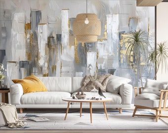 Golden Gray Textured Wallpaper Peel and Stick,Abstract Oil Painting Wall Mural,White Concrete Wall Decor,Modern Luxury Wall Art Non-woven