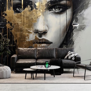 Abstract Woman Face Wallpaper Peel and Stick,Modern Black Gold Mural,Female Portrait Wall Art Self-adhesive,Custom Luxury Fashion Wallpaper