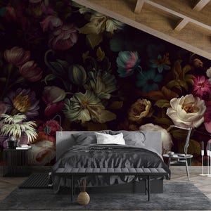 Baroque Floral Wallpaper Peel and Stick,Big Peony Mural,Purple Flower Bouquet Wall Decor,Dark Botanical Wall Art,Elegant Bedroom Wallpaper