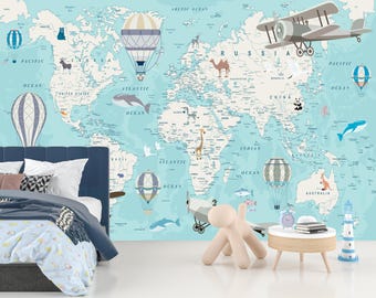 Papel tapiz de mapa del mundo para niños, autoadhesivo, mural de globos aerostáticos para niños, decoración de pared con animales adorables, arte de pared extraíble con continentes para guardería.