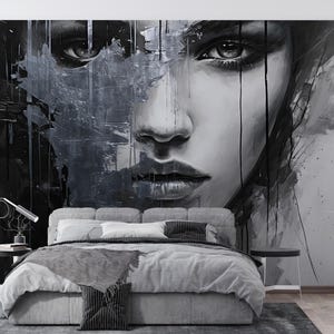 Abstract Woman Face Wallpaper Peel and Stick,Modern Gray Mural,Female Portrait Wall Art Self-adhesive,Custom Luxury Fashion Wallpaper