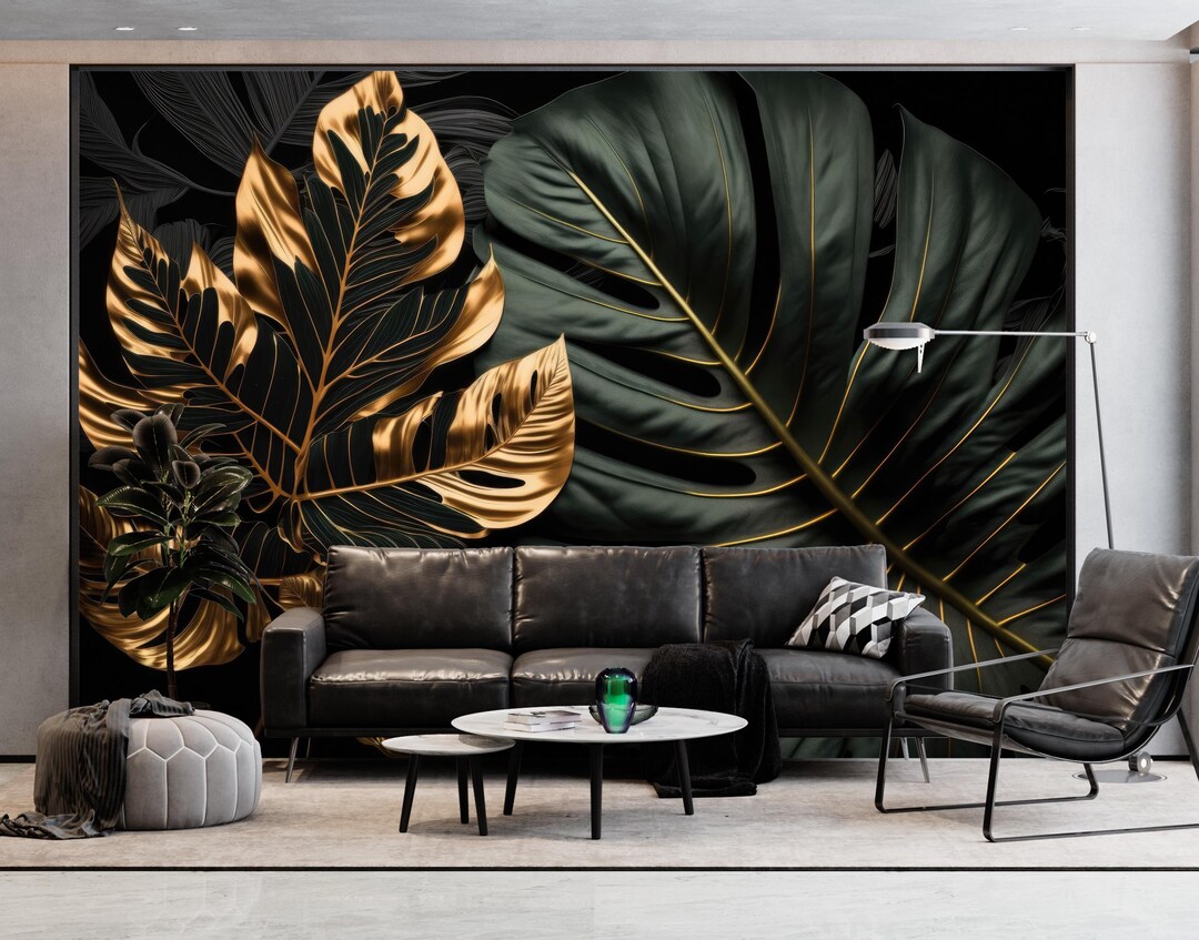 Black and Gold Monstera Leaf Wallpaper: Tropical Peel and Stick Mural ...