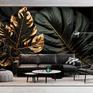 Carta da parati foglia tropicale oro nero, murale esotico grande monstera staccabile e attaccabile, carta da parati scura moderna, arte murale botanica rimovibile, murale elegante