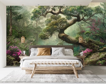 Lush Pastoral Wallpaper Peel and Stick,Bonsai Tree Mural,Forest Scene Wall Decor,Natural Victorian Bedroom Wall Art,Neutral Wallpaper