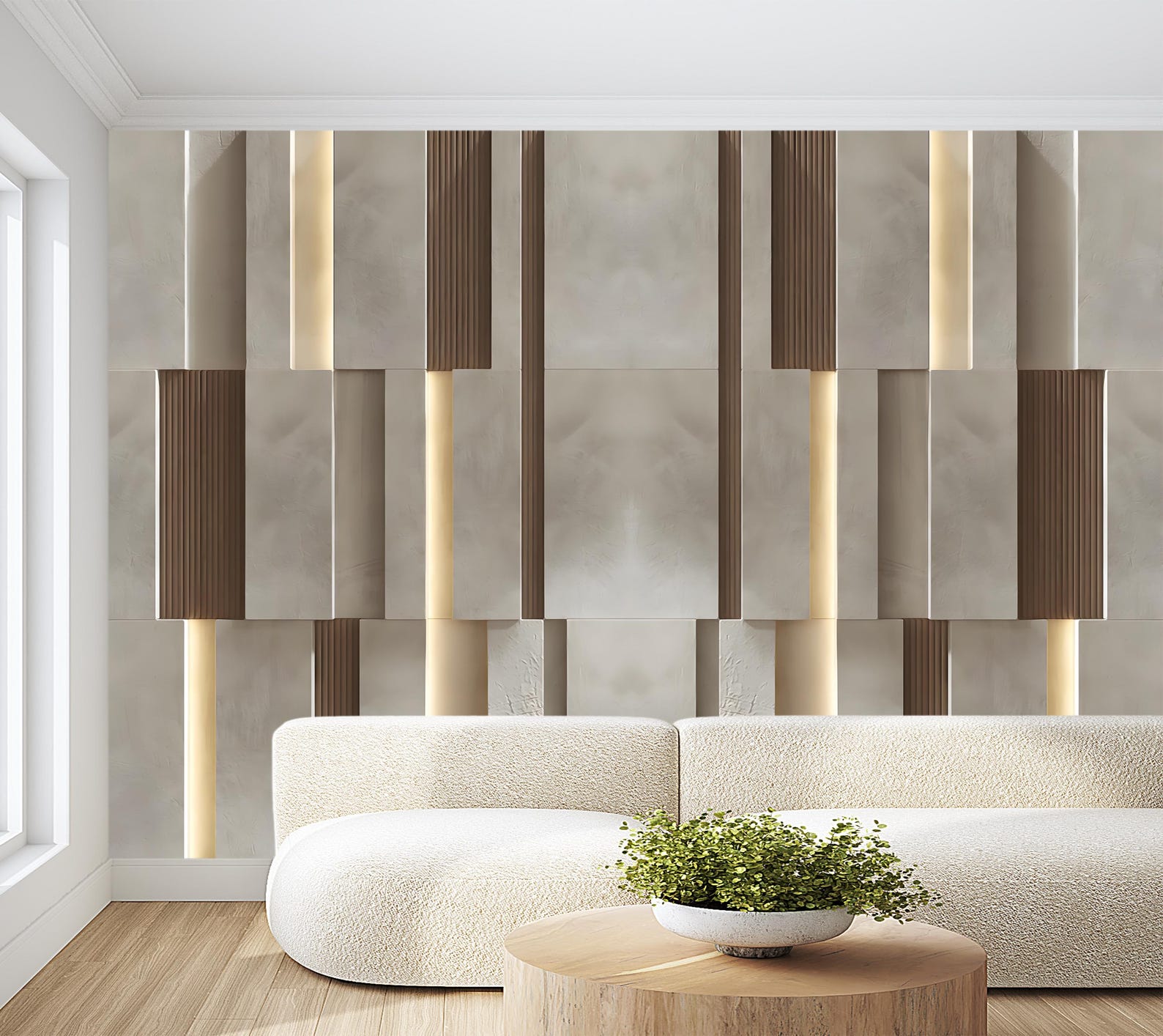 3D Panels Geometric Lighting Look Mural,brown Wooden Striped Wallpaper ...