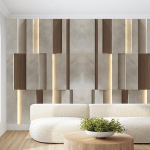 Pannelli 3D con effetto illuminazione geometrica, carta da parati a righe in legno marrone da staccare e attaccare, murale per ufficio in cemento, arte murale moderna e di lusso per camera da letto