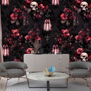 Dark Gothic Wallpaper with Skull,Floral Mural Peel and Stick,Red Flowers and Butterflies Wall Decor,Mysterious Black Background Wallpaper