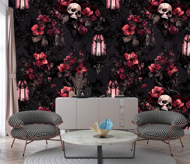 May include: A living room interior design with two black and white checkered armchairs, a white coffee table, and a decorative skull and floral wallpaper.