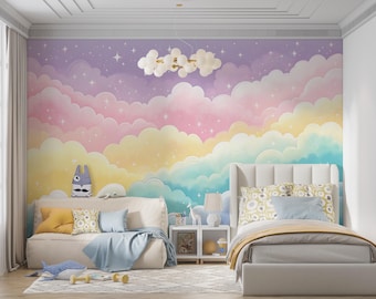 Carta da parati murale con nuvole arcobaleno pastello: decorazione per la cameretta dei bambini
