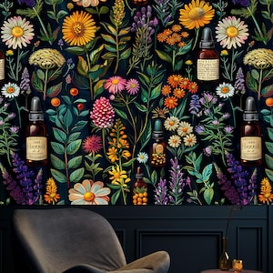 Carta da parati floreale scura, murale botanico staccabile e attaccabile, decorazione murale con piante della foresta, arte murale con erbe aromatiche, carta da parati con fiori magici su sfondo nero