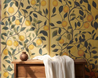 Vintage Lemon Tree Wallpaper,Citrus Mural Peel and Stick,Kitchen Mural,Rustic Bathroom Wall Decor,Farmhouse Botanical Wall Art,Italian Mural