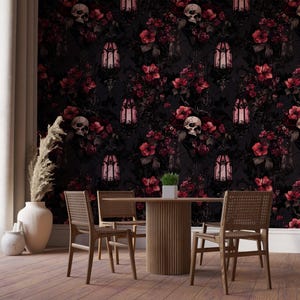 May include: A dark floral wallpaper with skulls and lanterns. The wallpaper is in a dining room with a wooden table and chairs.