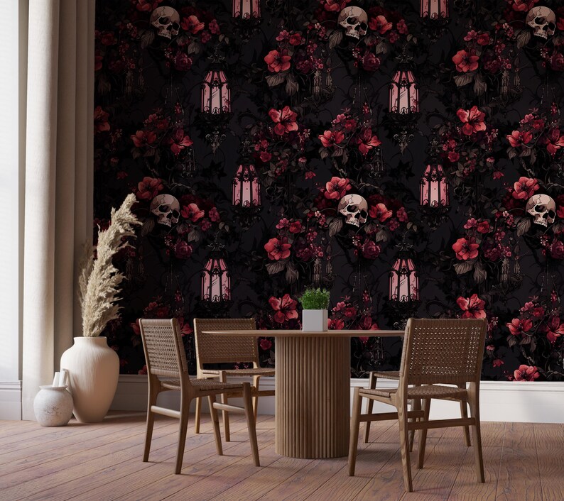 May include: A dark floral wallpaper with skulls and lanterns. The wallpaper is in a dining room with a wooden table and chairs.