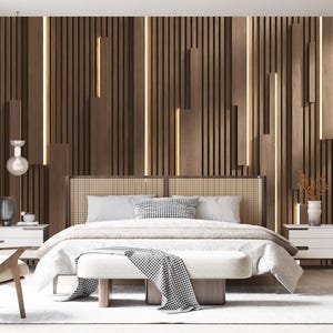 Pannelli 3D effetto illuminazione geometrica murale, carta da parati a strisce in legno marrone staccabile e attaccabile, murale per ufficio, arte murale moderna di lusso per camera da letto