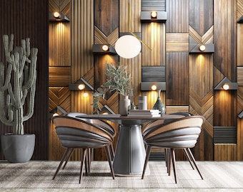 3D Geometric Wooden Panel Wallpaper: Peel and Stick Office Mural