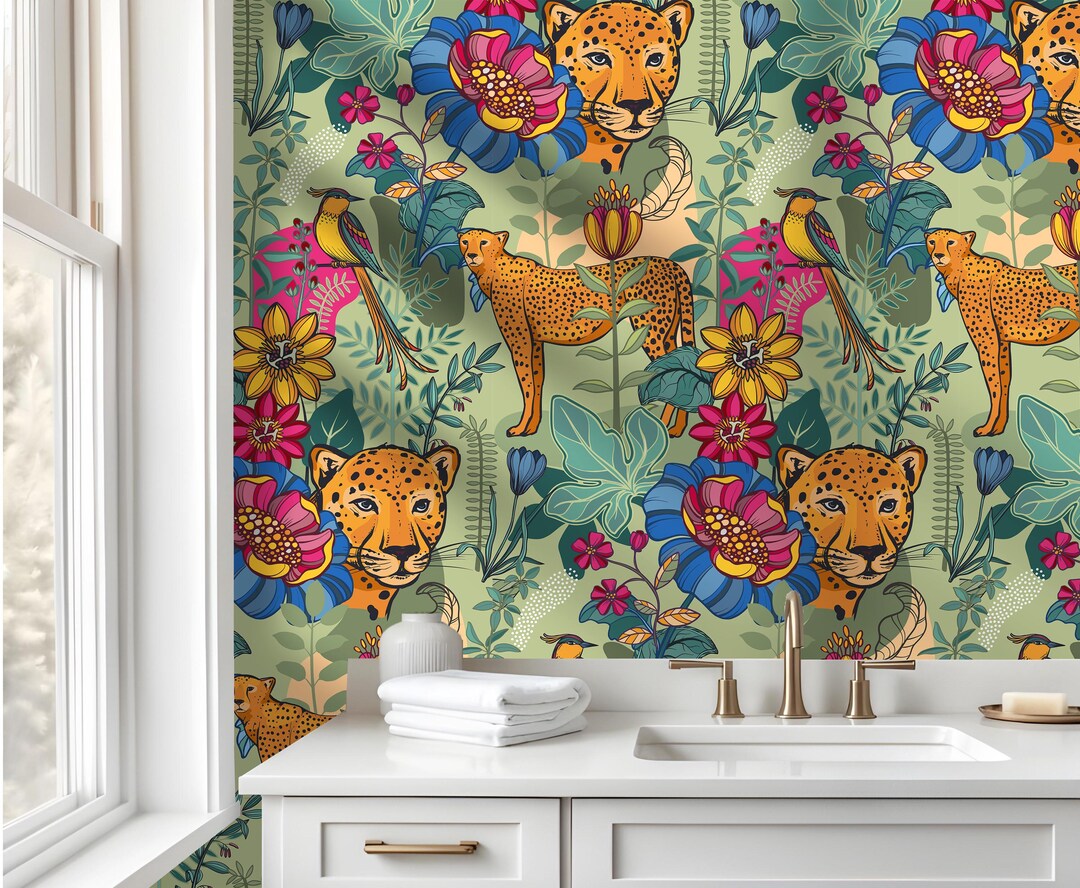 Tropical Wallpaper With Cheetah,wild Animal Mural Peel and Stick ...