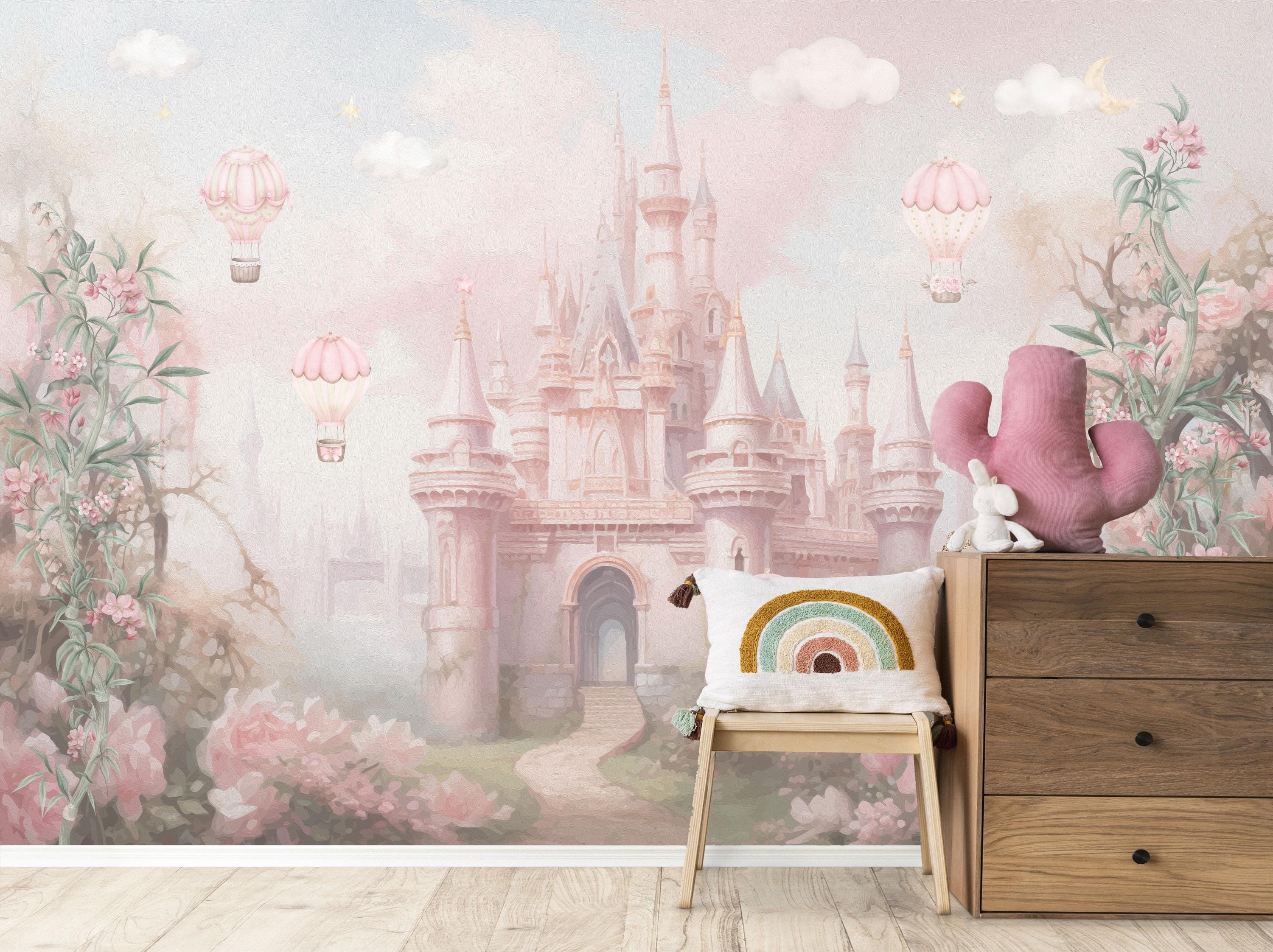 Fairy Tale Castle Kids Wallpaper Peel and Stick,pink Clouds and Flowers ...