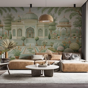 Carta da parati Mughal, murale con giardino indiano staccabile e attaccabile, decorazione murale con paesaggio antico, arte murale con chinoiserie tropicale, murale botanico asiatico
