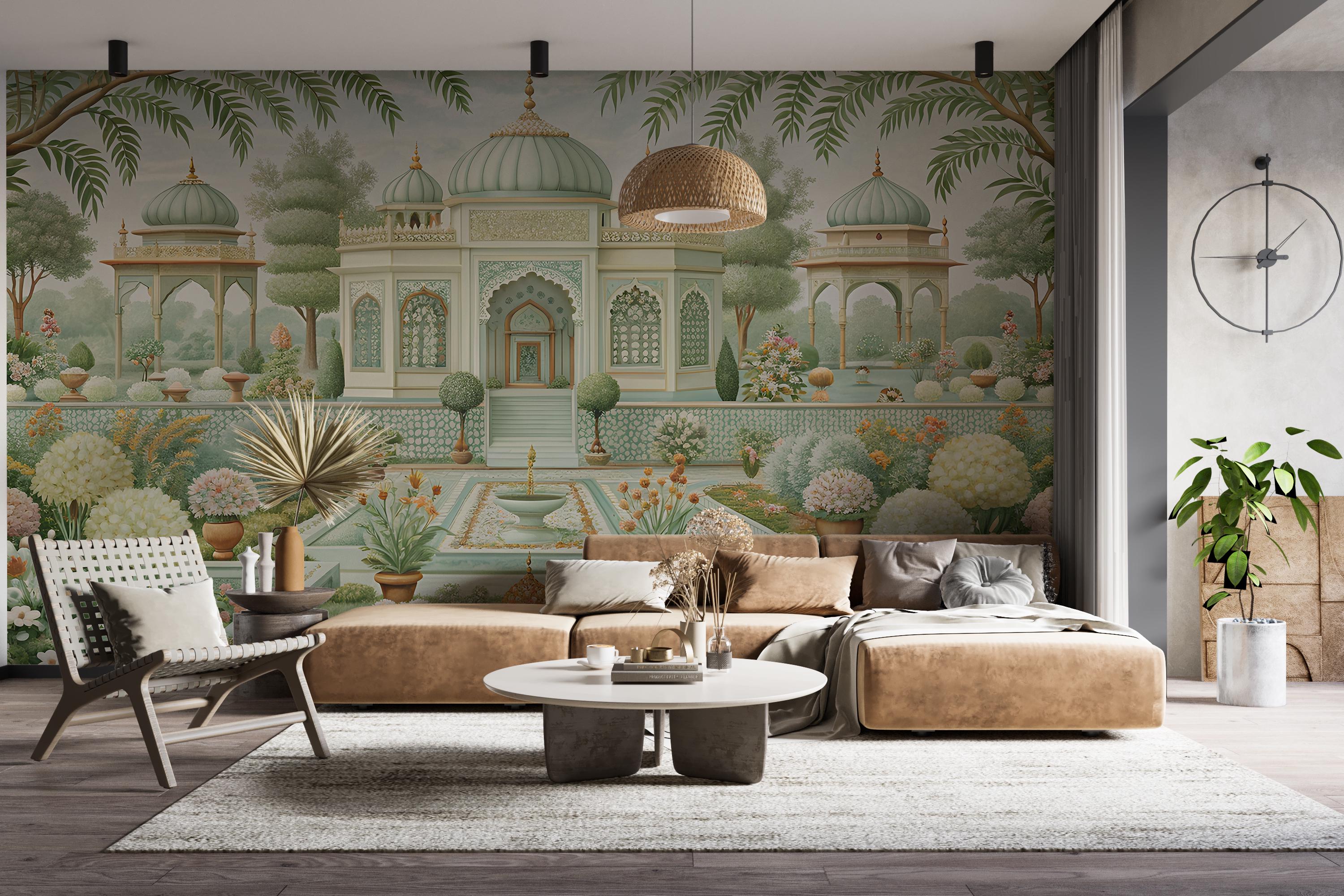 Mughal Wallpaper,Indian Garden Mural Peel and Stick,Ancient Landscape Wall Decor,Tropical Chinoiserie Wall Art,Asian Botanical Mural