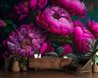 Magenta Peony Wallpaper Peel and Stick,Big Pink Flower Mural,Floral Wall Decor,Exotic Forest Plants Wall Art,Botanical Wallpaper Non-woven