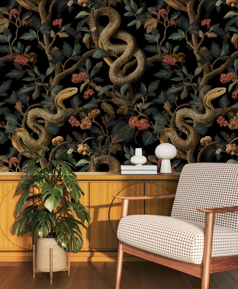 Snakes and Flowers Botanical Mural Peel & Stick,dark Gothic Serpents ...