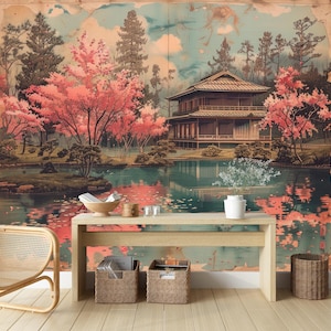 May include: A vintage-style wallpaper mural depicting a Japanese garden scene with a traditional wooden house, cherry blossom trees, and a pond reflecting the sky and trees.