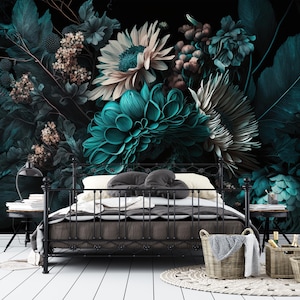 Carta da parati adesiva con peonie blu, murale con grandi fiori turchesi, decorazione murale con bouquet floreale, arte murale con piante esotiche della foresta, carta da parati botanica