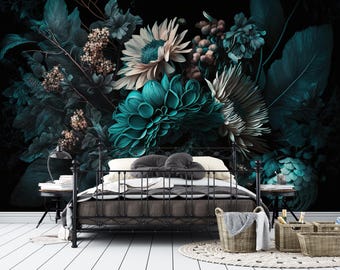 Blue Peony Wallpaper Peel and Stick,Big Turquoise Flower Mural,Floral Bouquet Wall Decor,Exotic Forest Plants Wall Art,Botanical Wallpaper