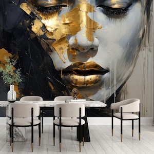 Abstract Woman Face Wallpaper Peel and Stick,Modern Black Gold Mural,Female Portrait Wall Art Self-adhesive,Custom Luxury Fashion Wallpaper
