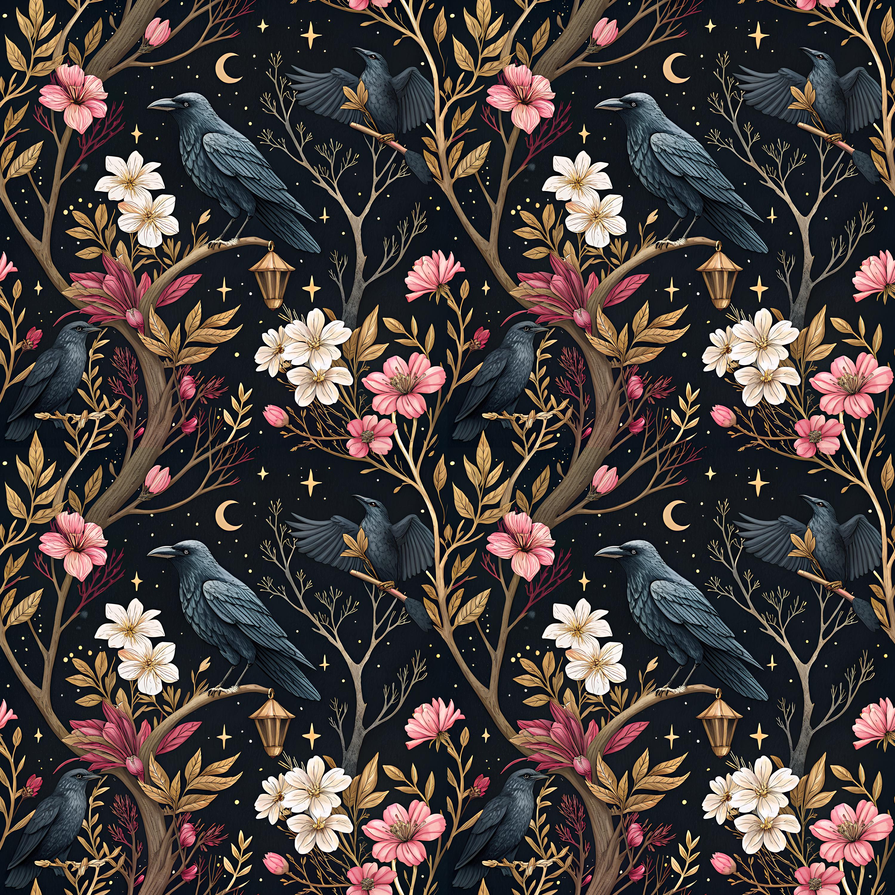 Dark Gothic Wallpaper With Crows,floral Mural Peel and Stick,mystic