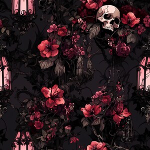 May include: A dark floral pattern with a skull and lanterns. The flowers are red and pink, and the lanterns are black with pink glass. The background is black.
