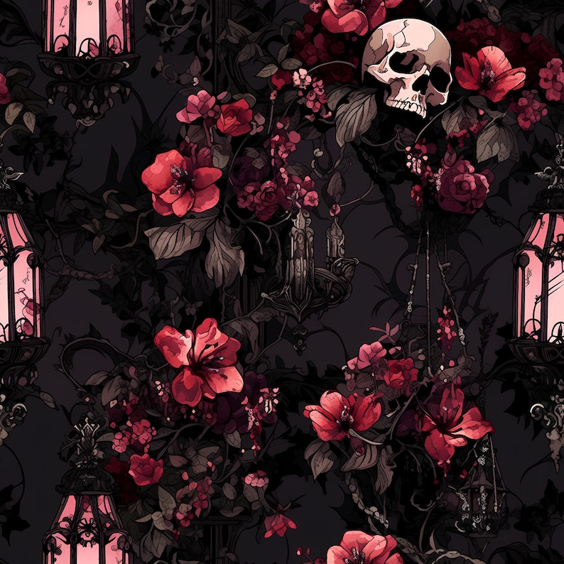 May include: A dark floral pattern with a skull and lanterns. The flowers are red and pink, and the lanterns are black with pink glass. The background is black.