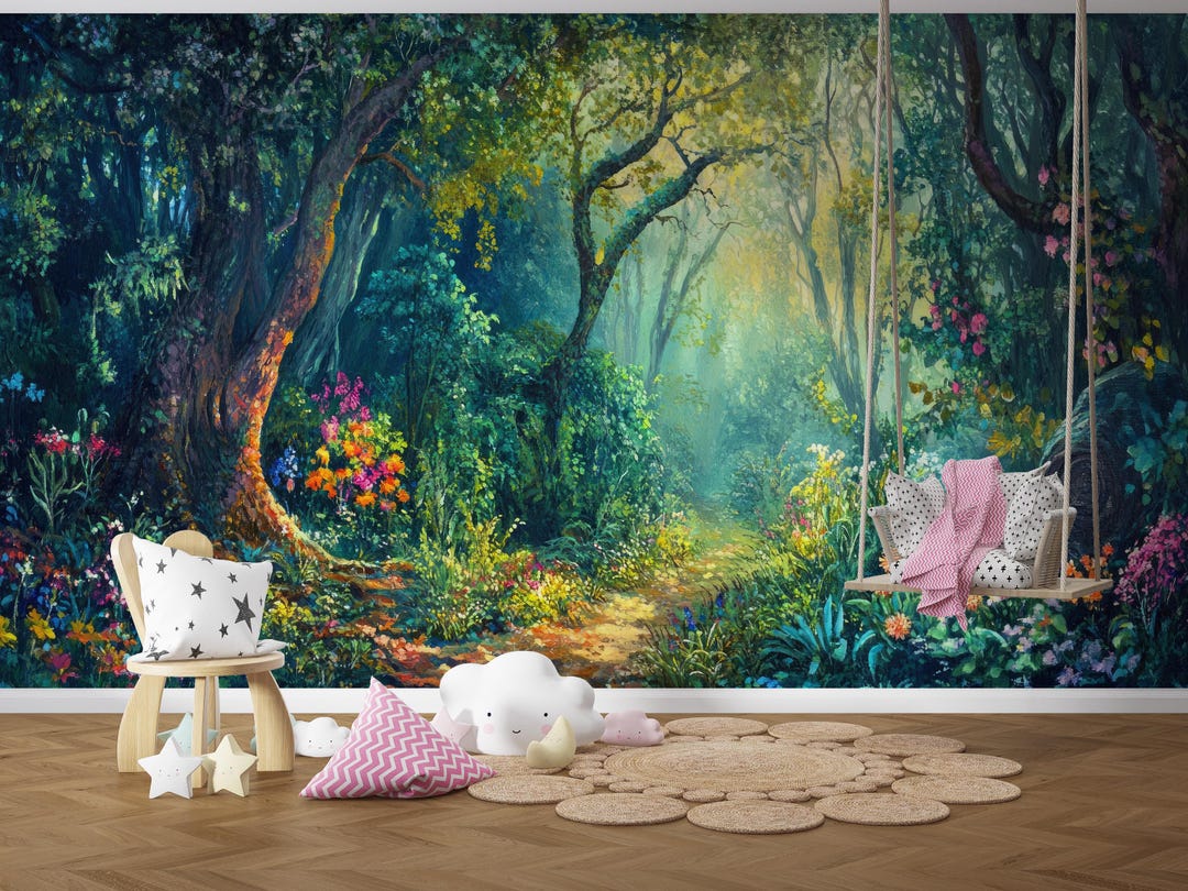 Magic Forest Kids Wallpaper Peel and Stick,watercolor Flowers and Trees ...