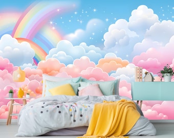 Carta da parati adesiva per bambini con cielo colorato, murale con nuvole rosa e blu per la cameretta dei bambini, decorazione murale arcobaleno per la cameretta dei bambini, arte murale pastello