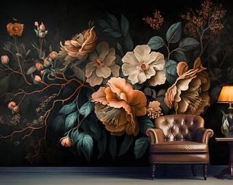 Baroque Floral Wallpaper Peel and Stick,Big Peony Mural,Salmon Flower Bouquet Wall Decor,Dark Botanical Wall Art,Elegant Bedroom Wallpaper