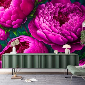 Magenta Pfingstrose Tapete zum Schälen und Aufkleben,Big Pink Blumen Wandbild,Floral Wanddekor,Exotische Waldpflanzen Wandkunst,Botanische Tapete Vlies
