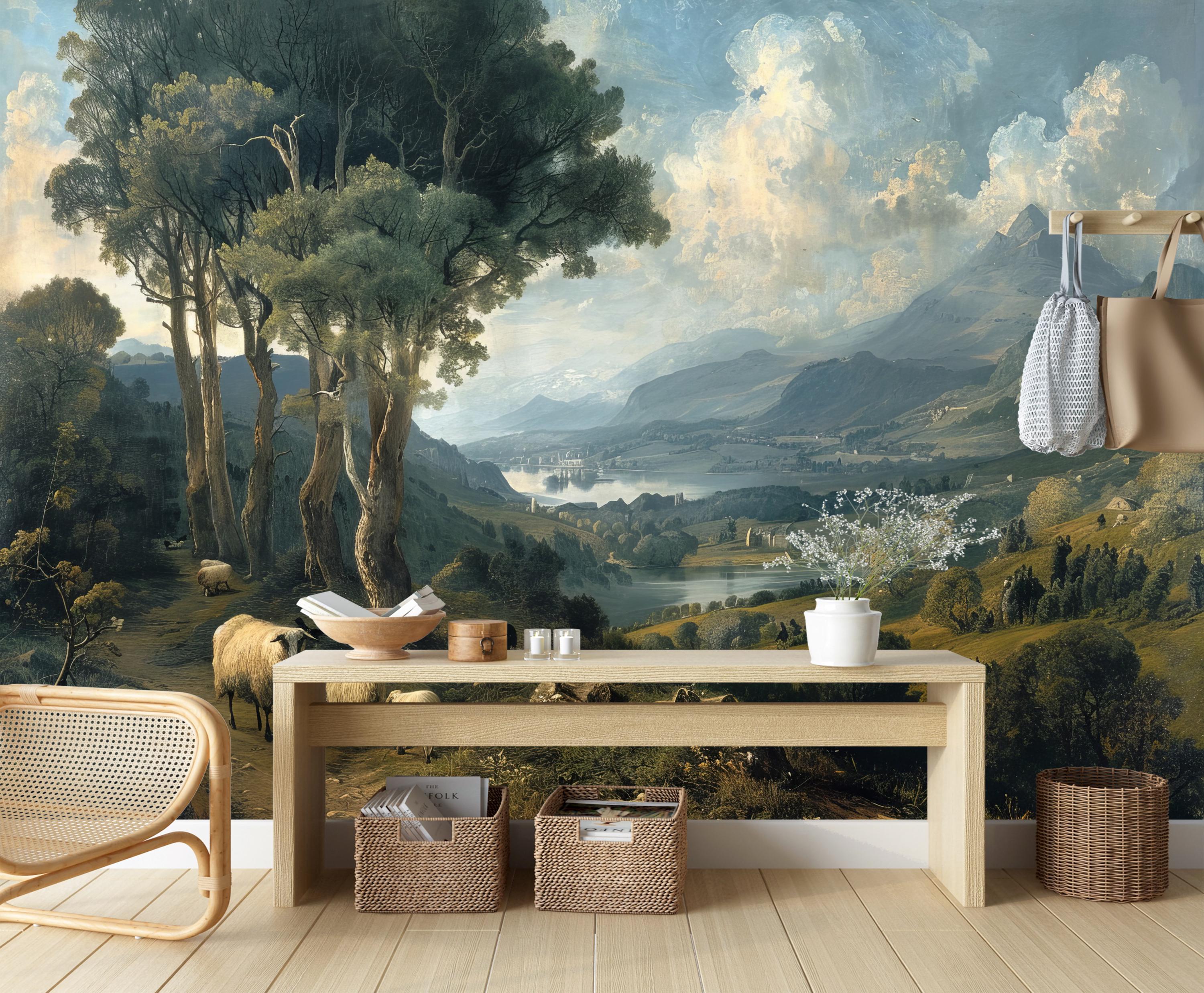 Pastoral Wallpaper Peel and Stick,rural Landscape Mural,vintage ...
