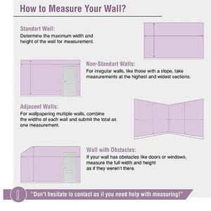 May include: Diagram showing how to measure a wall for wallpapering. It includes instructions for standard walls, non-standard walls, adjacent walls, and walls with obstacles. The text reads "Don't hesitate to contact us if you need help with measuring!"