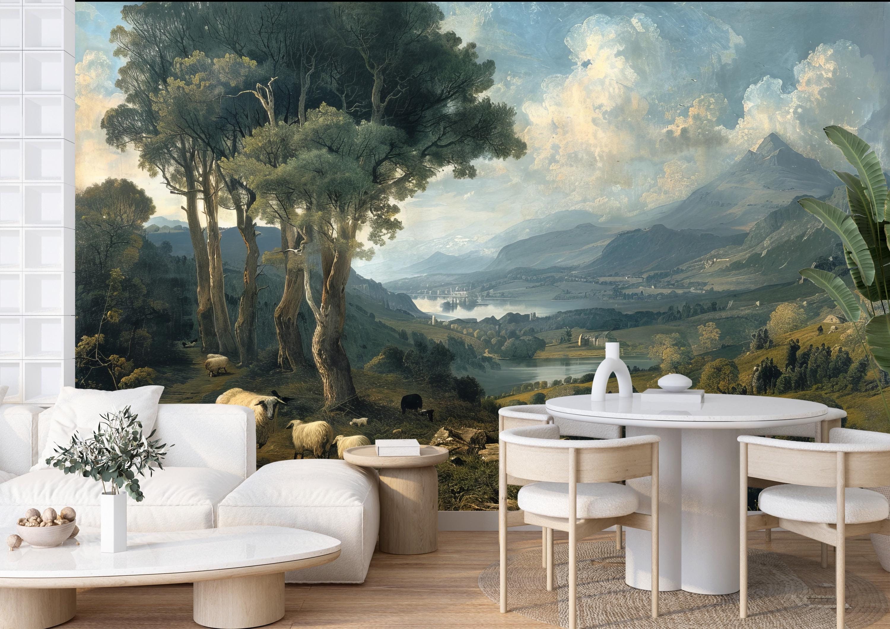 Pastoral Wallpaper Peel and Stick,rural Landscape Mural,vintage ...