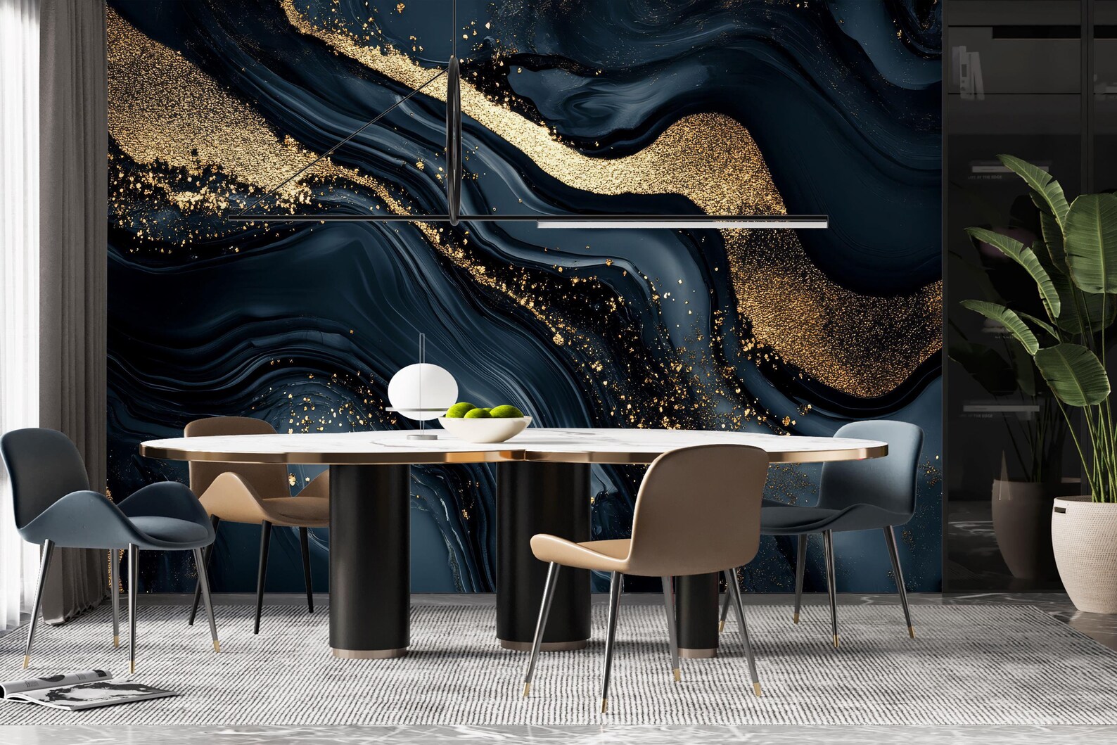 Dark Blue Gold Marble Wallpaper Peel and Stick,black Ink Mural,navy ...