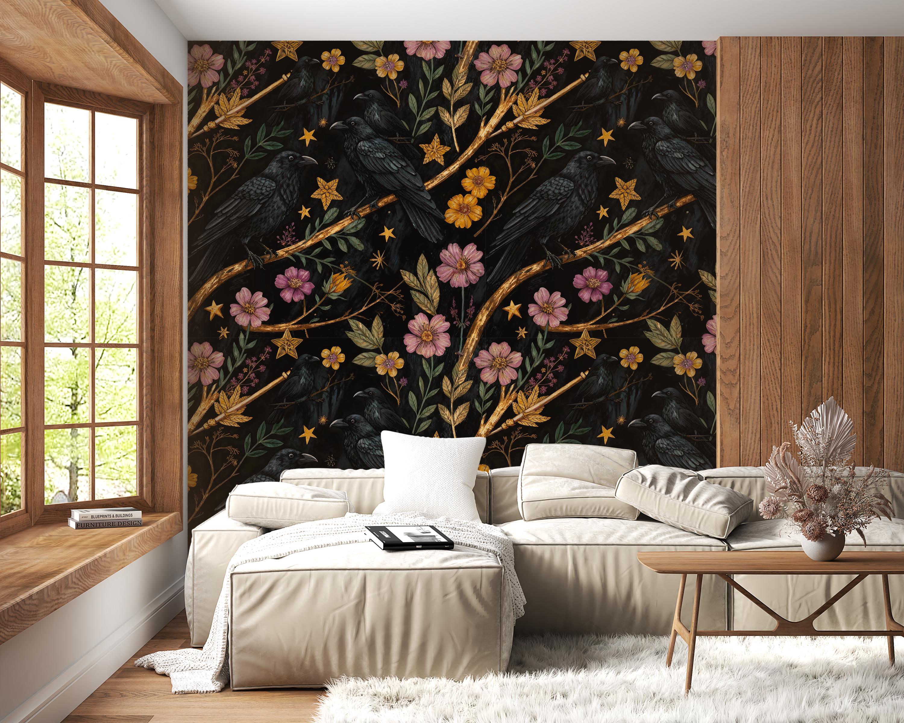 Dark Gothic Wallpaper With Crows,floral Mural Peel and Stick,mystic