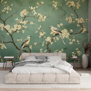 Chinoiserie Wallpaper,Floral Peel and Stick Mural,Cherry Blossoms Wall Decor,Green Chinese Wall Art with Birds,Japanese Flower Bedroom Mural