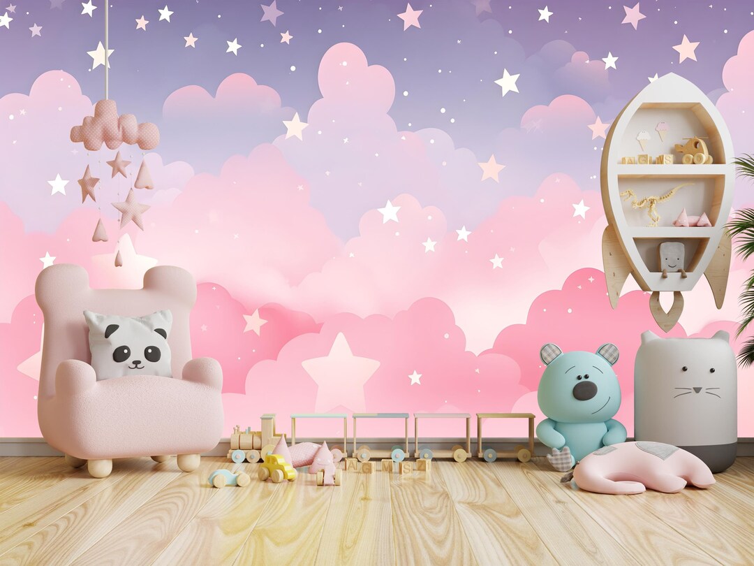 Pink Clouds Wallpaper Peel and Stick for Kids,purple Sky Mural,cute ...