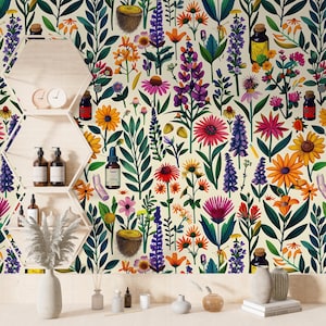 Carta da parati floreale vibrante, murale botanico staccabile e attaccabile, decorazione murale con piante della foresta, arte murale a base di erbe, carta da parati con fiori magici, murale farmaceutico