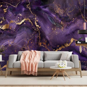 Purple Gold Marble Wallpaper,lilac Ink Mural,abstract Wall Decor Peel ...