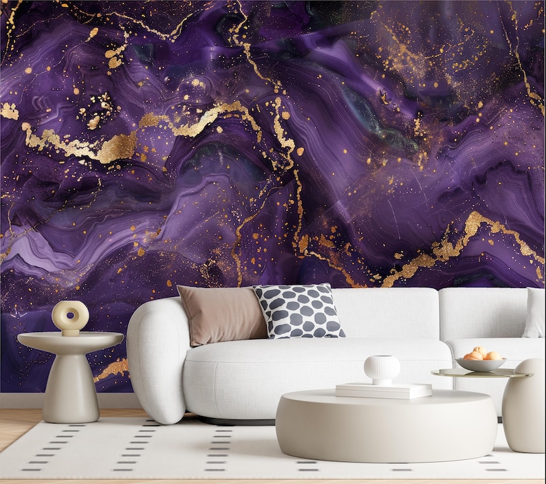 Purple Gold Marble Wallpaper,lilac Ink Mural,abstract Wall Decor Peel ...