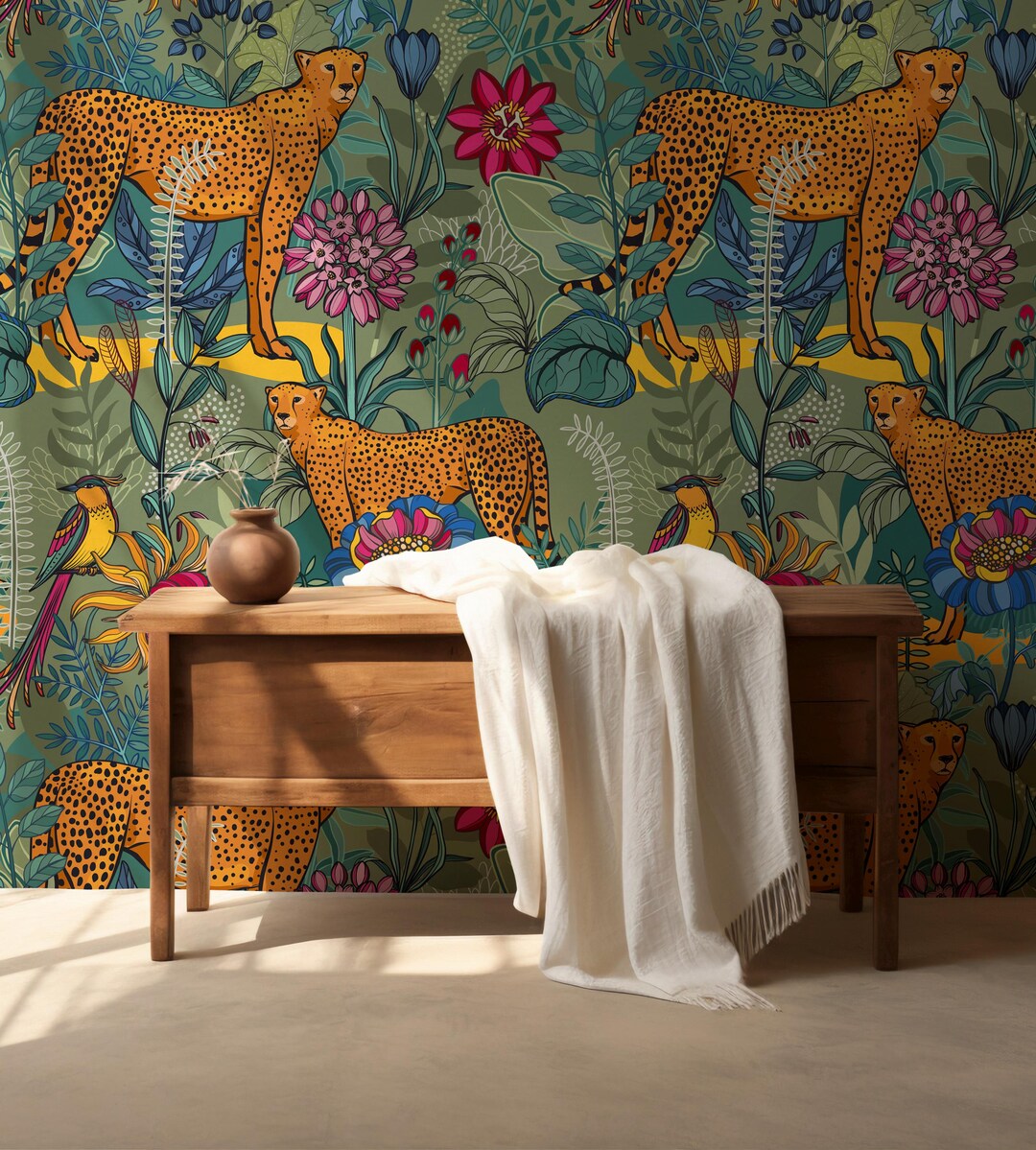 Tropical Wallpaper With Cheetah,wild Animal Mural Peel and Stick ...