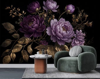 Papel tapiz autoadhesivo de peonía morada, mural floral grande y oscuro, decoración de pared con ramo de flores, arte mural botánico.